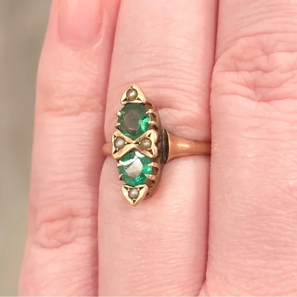 Antique Edwardian 10K Green Ring, Size 5.5, Rose Gold, Navette - Picture 9 of 17